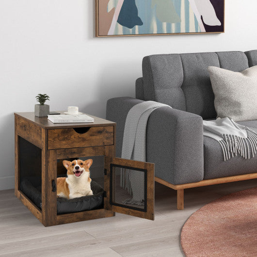 Furniture Style Dog Kennel with Drawer and Removable Dog Bed-Coffee on Sale