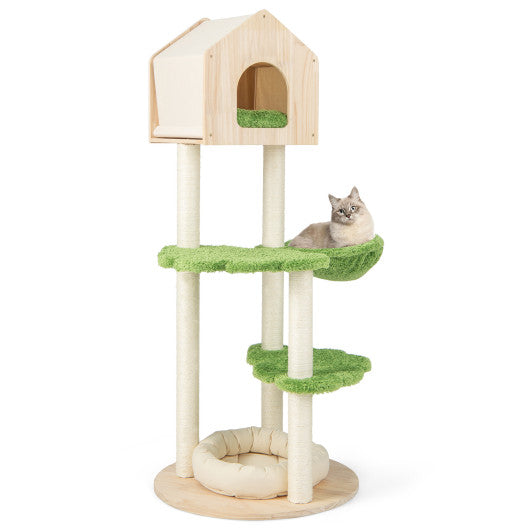 55 Inch Tall Cat Climbing Stand with Sisal Scratching Posts and Soft Cat Bed for Indoor Kittens-Green Hot on Sale